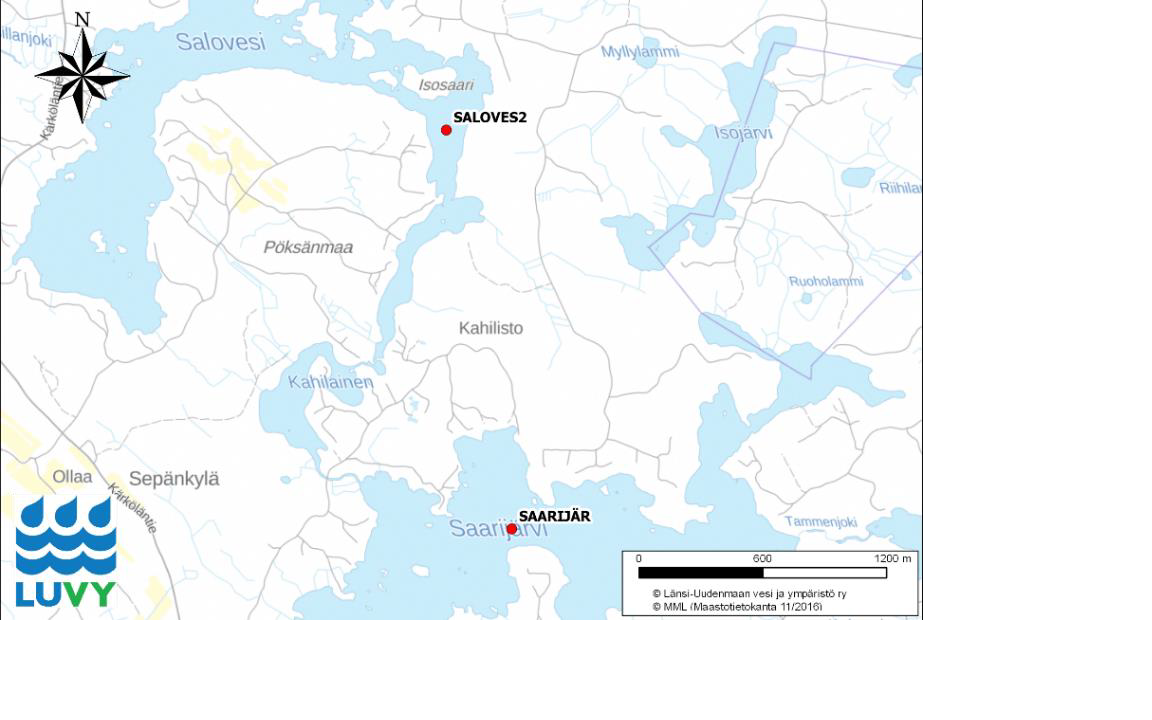 Kuva Saarijärven ja Saloveden vesinäytteiden ottopaikoista.
